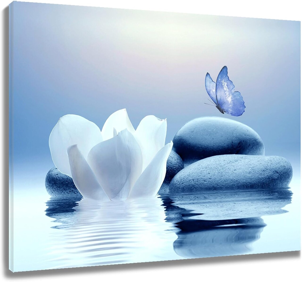 Zen Stone Canvas Wall Art – White Flower & Blue Butterfly on Lake, 16x12 Inches, Framed, for Bathroom, Living Room, Bedroom, Modern Yoga & Spa Decor